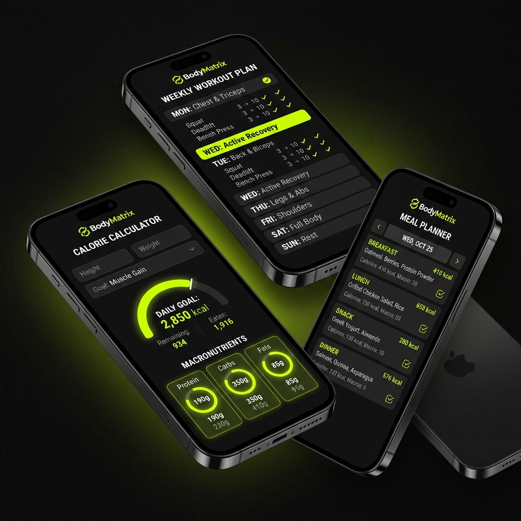 BodyMatrix app screens showing calorie calculator, workout planner, and meal planner